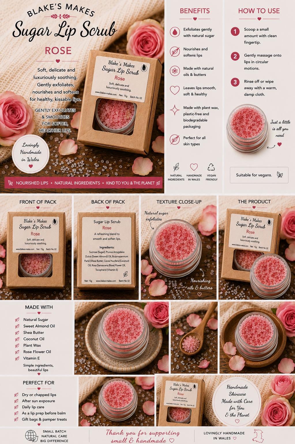 Rose Sugar Lip Scrub | Vegan Lip Exfoliator | Natural Citrus Lip Care | Handmade Skincare |