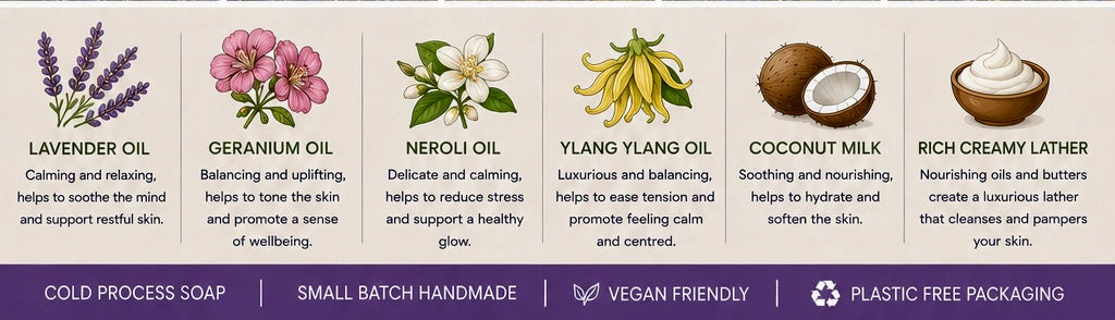 Lavender Fields Handmade Soap | Lavender, Geranium, Neroli & Ylang Ylang Soap | Cold Process Soap | Floral Essential Oil Soap | Handmade in Wales