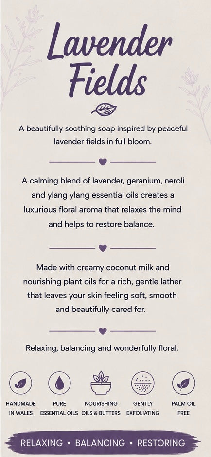 Lavender Fields Handmade Soap | Lavender, Geranium, Neroli & Ylang Ylang Soap | Cold Process Soap | Floral Essential Oil Soap | Handmade in Wales