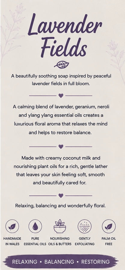 Lavender Fields Handmade Soap | Lavender, Geranium, Neroli & Ylang Ylang Soap | Cold Process Soap | Floral Essential Oil Soap | Handmade in Wales