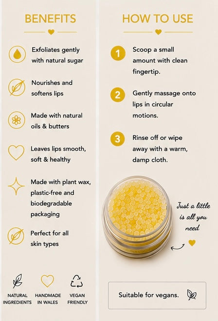 Lemon Sugar Lip Scrub | Vegan Lip Exfoliator | Calming Natural Lip Care | Handmade Skincare | Handmade in Wales (Copy)