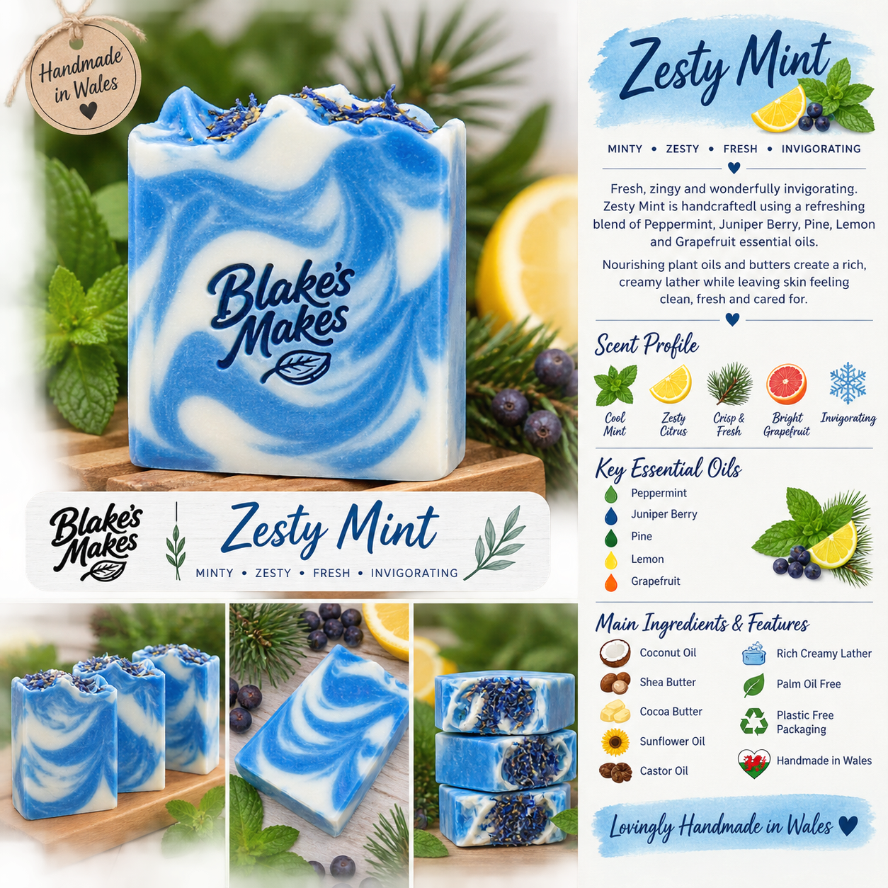 Zesty Mint Handmade Soap | Peppermint, Juniper Berry, Pine, Lemon & Grapefruit Soap | Fresh Cold Process Soap | Handmade in Wales