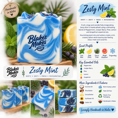 Zesty Mint Handmade Soap | Peppermint, Juniper Berry, Pine, Lemon & Grapefruit Soap | Fresh Cold Process Soap | Handmade in Wales