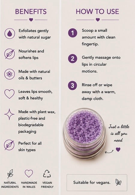 Lavender Sugar Lip Scrub | Vegan Lip Exfoliator | Calming Natural Lip Care | Handmade Skincare | Handmade in Wales