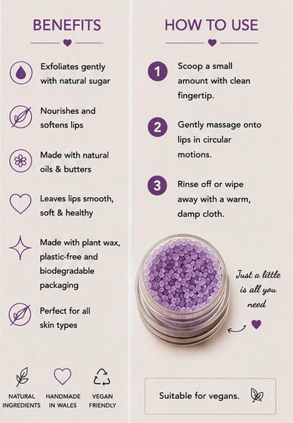 Lavender Sugar Lip Scrub | Vegan Lip Exfoliator | Calming Natural Lip Care | Handmade Skincare | Handmade in Wales