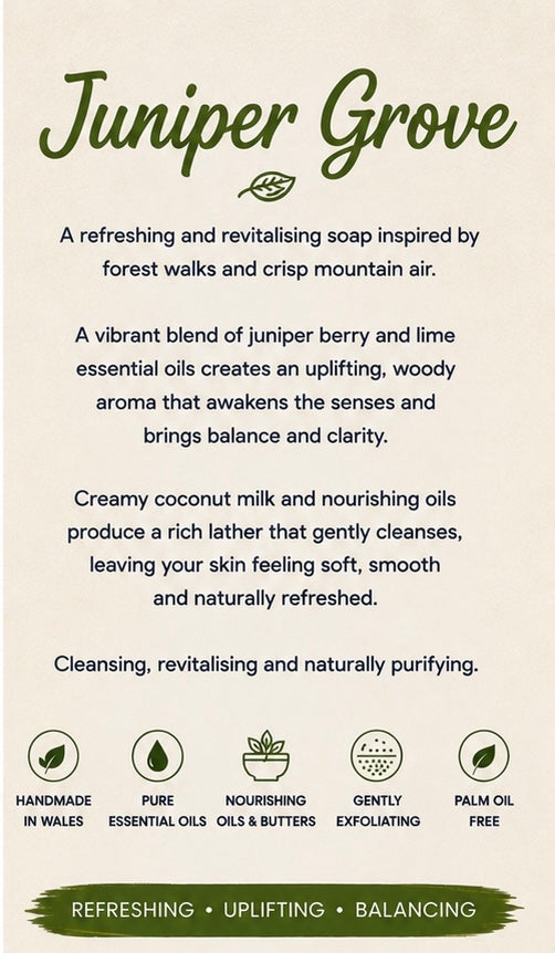Juniper Grove Natural Soap | Handmade Cold Process Soap | Juniper Berry & Lime Essential Oils | Palm Oil Free Soap | Vegan Friendly Gift