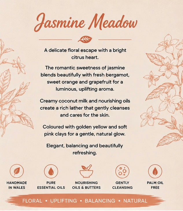 Jasmine Meadow Handmade Soap | Jasmine, Bergamot, Sweet Orange, Grapefruit & Cedarwood Soap | Floral Cold Process Soap | Handmade in Wales