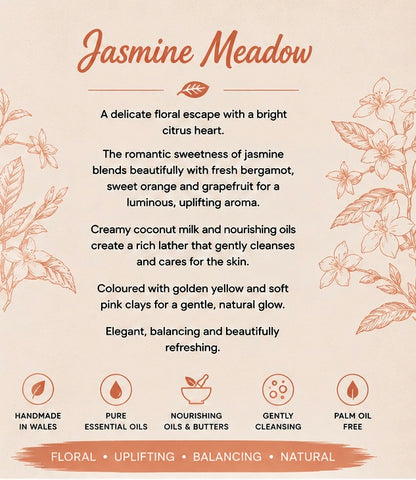 Jasmine Meadow Handmade Soap | Jasmine, Bergamot, Sweet Orange, Grapefruit & Cedarwood Soap | Floral Cold Process Soap | Handmade in Wales