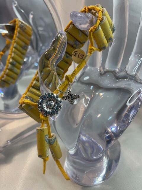 Bee Harmony: Handmade Paper Bead Bracelet with Yellow Suede Cord and Charming Bee Accents