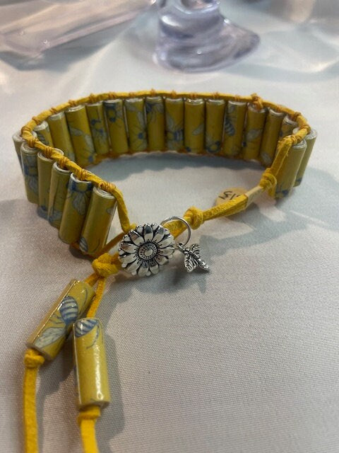 Bee Harmony: Handmade Paper Bead Bracelet with Yellow Suede Cord and Charming Bee Accents