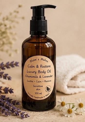 Calm andRestore. Luxury Body Oil | Chamomile & Lavender | Sensitive Skin Moisturiser | Natural Body Oil | Handmade in Wales | Vegan Friendly