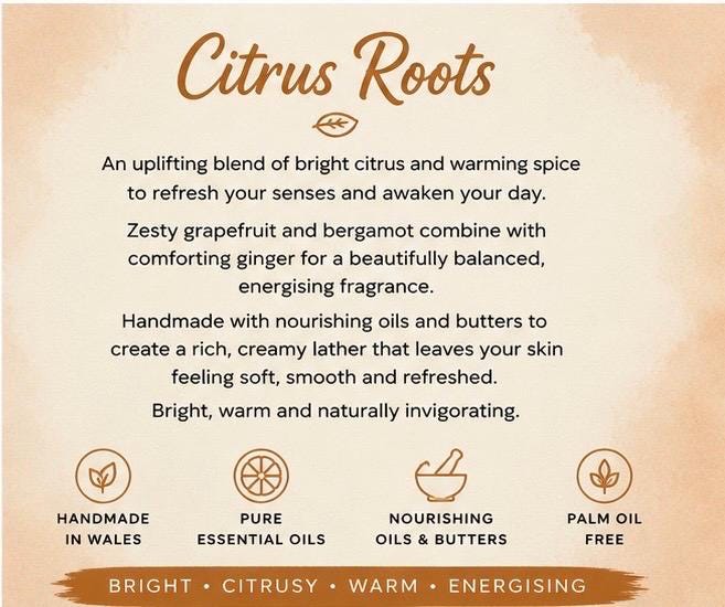 Citrus Root Handmade Soap | Cold Process Soap with Grapefruit, Bergamot & Ginger | Palm Oil Free Natural Soap | Handmade in Wales
