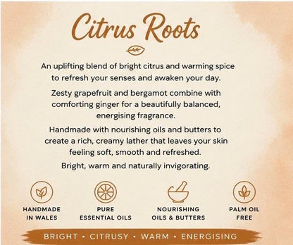 Citrus Root Handmade Soap | Cold Process Soap with Grapefruit, Bergamot & Ginger | Palm Oil Free Natural Soap | Handmade in Wales