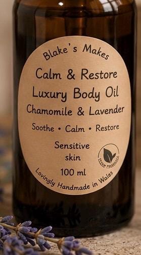 Calm andRestore. Luxury Body Oil | Chamomile & Lavender | Sensitive Skin Moisturiser | Natural Body Oil | Handmade in Wales | Vegan Friendly