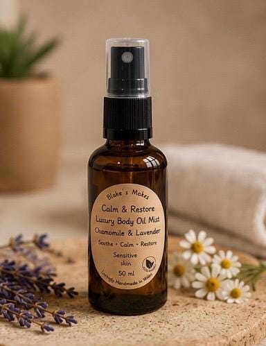 Calm andRestore. Luxury Body Oil | Chamomile & Lavender | Sensitive Skin Moisturiser | Natural Body Oil | Handmade in Wales | Vegan Friendly