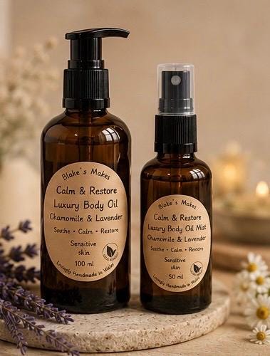 Calm andRestore. Luxury Body Oil | Chamomile & Lavender | Sensitive Skin Moisturiser | Natural Body Oil | Handmade in Wales | Vegan Friendly