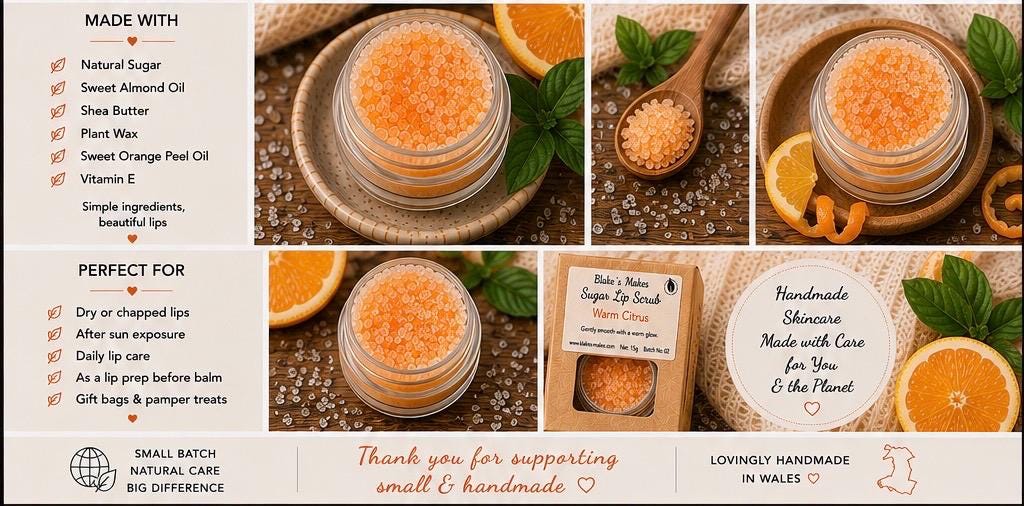 Warm Citrus Sugar Lip Scrub | Vegan Lip Exfoliator | Natural Citrus Lip Care | Handmade Skincare |