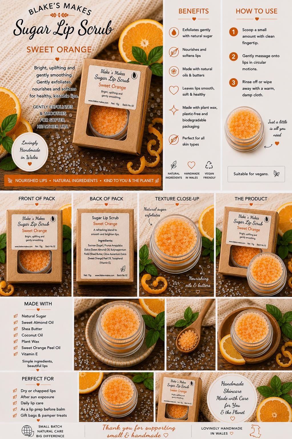 Sweet Orange Sugar Lip Scrub | Vegan Lip Exfoliator | Natural Citrus Lip Care | Handmade Skincare |