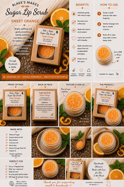 Sweet Orange Sugar Lip Scrub | Vegan Lip Exfoliator | Natural Citrus Lip Care | Handmade Skincare |