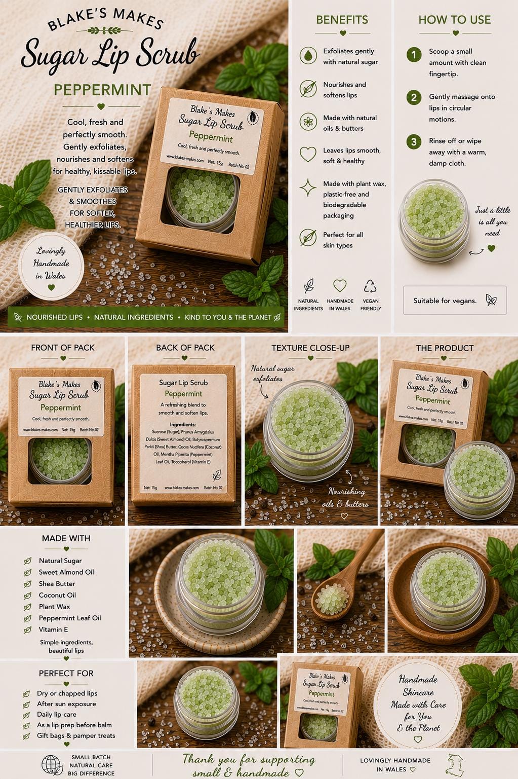 Peppermint Sugar Lip Scrub | Vegan Lip Exfoliator | Natural Citrus Lip Care | Handmade Skincare |