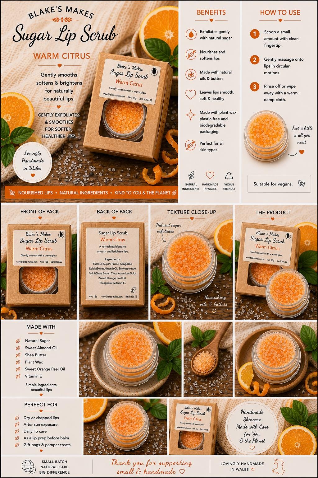 Warm Citrus Sugar Lip Scrub | Vegan Lip Exfoliator | Natural Citrus Lip Care | Handmade Skincare |