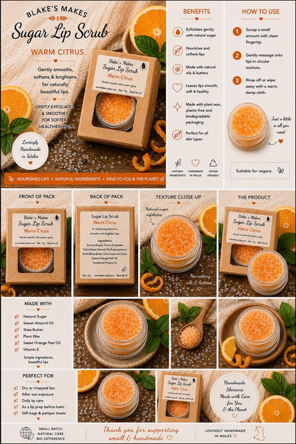 Warm Citrus Sugar Lip Scrub | Vegan Lip Exfoliator | Natural Citrus Lip Care | Handmade Skincare |