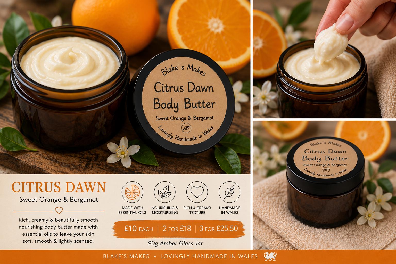 Citrus Dawn Body Butter 90g | Sweet Orange & Bergamot | Essential Oil Body Butter | Vegan Skincare | Handmade in Wales | Gift for Her