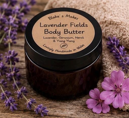 Lavender Fields Body Butter 90g | Lavender Geranium Neroli & Ylang Ylang | Essential Oil Skincare | Handmade Welsh Wales