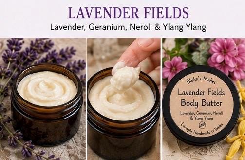Lavender Fields Body Butter 90g | Lavender Geranium Neroli & Ylang Ylang | Essential Oil Skincare | Handmade Welsh Wales