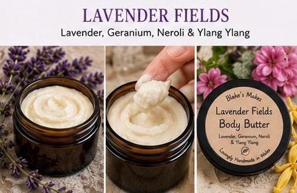 Lavender Fields Body Butter 90g | Lavender Geranium Neroli & Ylang Ylang | Essential Oil Skincare | Handmade Welsh Wales