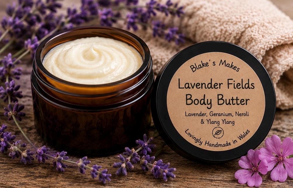 Lavender Fields Body Butter 90g | Lavender Geranium Neroli & Ylang Ylang | Essential Oil Skincare | Handmade Welsh Wales