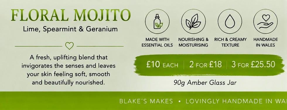 Floral Mojito Body Butter 90g | Lime Spearmint & Geranium | Essential Oil Body Butter | Vegan Skincare | Handmade in Wales