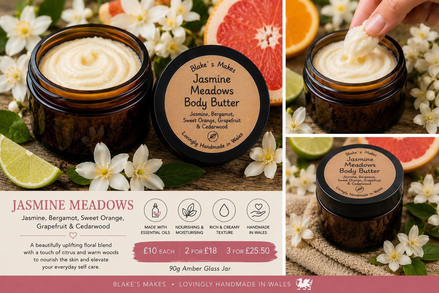Jasmine Meadows Body Butter 90g | Jasmine Bergamot & Citrus Essential Oils | Vegan Body Butter | Handmade Welsh Skincare Gift