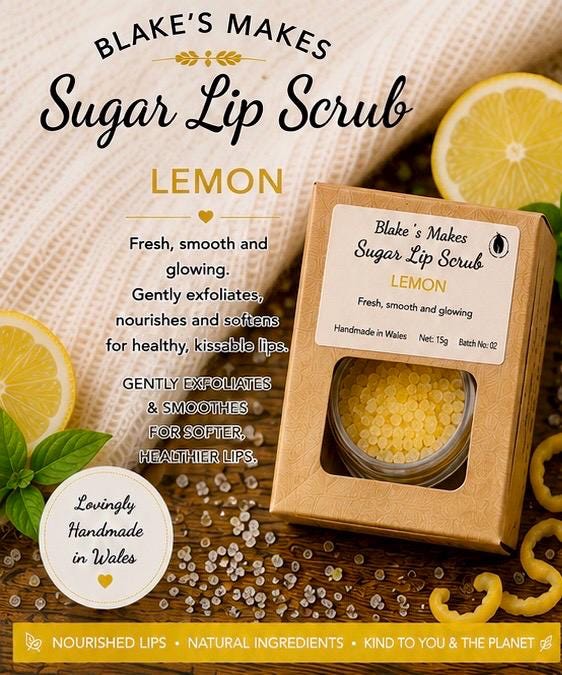 Lemon Sugar Lip Scrub – Zesty Natural Lip Exfoliator, Vegan Lip Care, Handmade in Wales