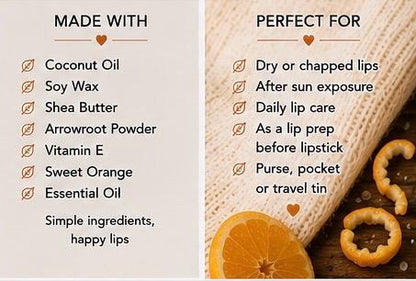 Sweet Orange Lip Balm – Natural Vegan Lip Care, Nourishing Handmade Balm, 30ml Tin