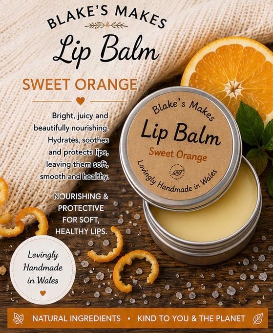 Sweet Orange Lip Balm – Natural Vegan Lip Care, Nourishing Handmade Balm, 30ml Tin