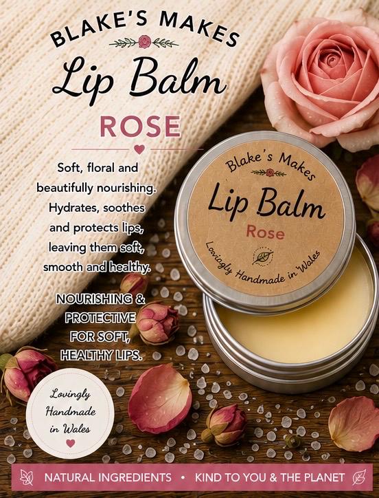 Rose Lip Balm – Floral Natural Lip Care, Nourishing Vegan Balm, Handmade Pamper Gift, 15ml Tin