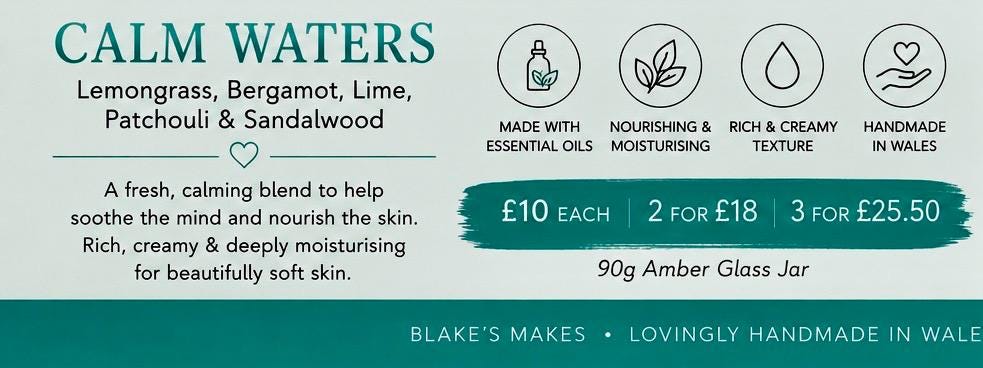 Calm Waters Body Butter 90g | Essential Oil Body Butter | Lemongrass Bergamot & Lime | Vegan Skincare | Handmade in Wales
