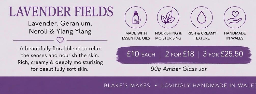 Lavender Fields Body Butter 90g | Lavender Geranium Neroli & Ylang Ylang | Essential Oil Skincare | Handmade Welsh Wales