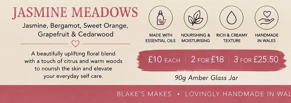 Jasmine Meadows Body Butter 90g | Jasmine Bergamot & Citrus Essential Oils | Vegan Body Butter | Handmade Welsh Skincare Gift