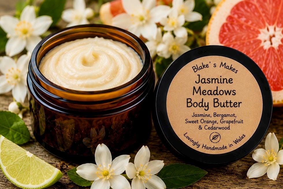Jasmine Meadows Body Butter 90g | Jasmine Bergamot & Citrus Essential Oils | Vegan Body Butter | Handmade Welsh Skincare Gift