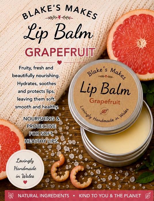 Grapefruit Lip Balm – Fruity Citrus Lip Moisturiser, Natural Vegan Lip Care, Handmade 15ml Tin